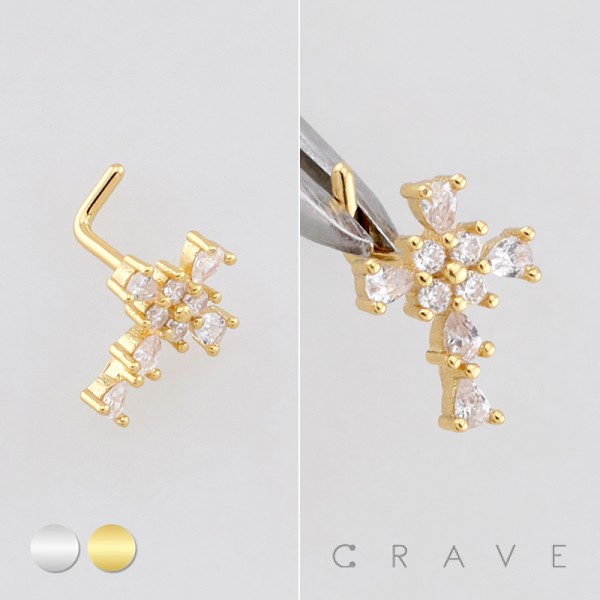 MULTI CZ CROSS 316L SURGICAL STEEL L-SHAPE NOSE RING